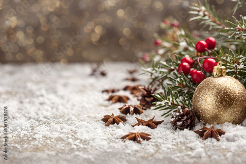 A golden New Year's ball next to fir branches and red berries in the snow on a blurred background. New Year backgrounds with space for text