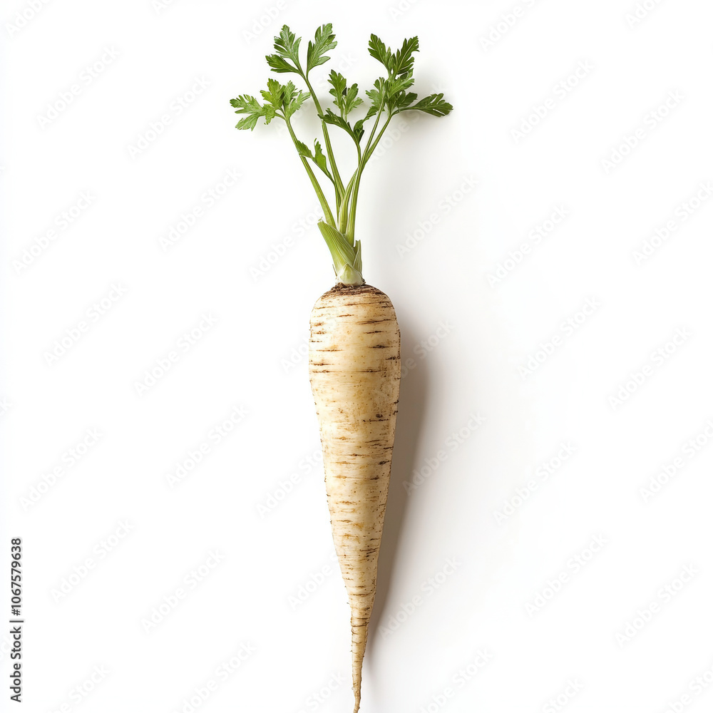A single fresh parsnip, isolated on a white background, highlighting a root vegetable A single fresh parsnip, isolated on a white background, highlighting a root vegetable