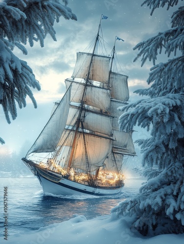 A majestic sailboat with sails billowing in the wind, gliding through a sea of clouds. The atmosphere is serene and magical with the snow-covered pine trees framing the scene. Winter, nature, beauty, 