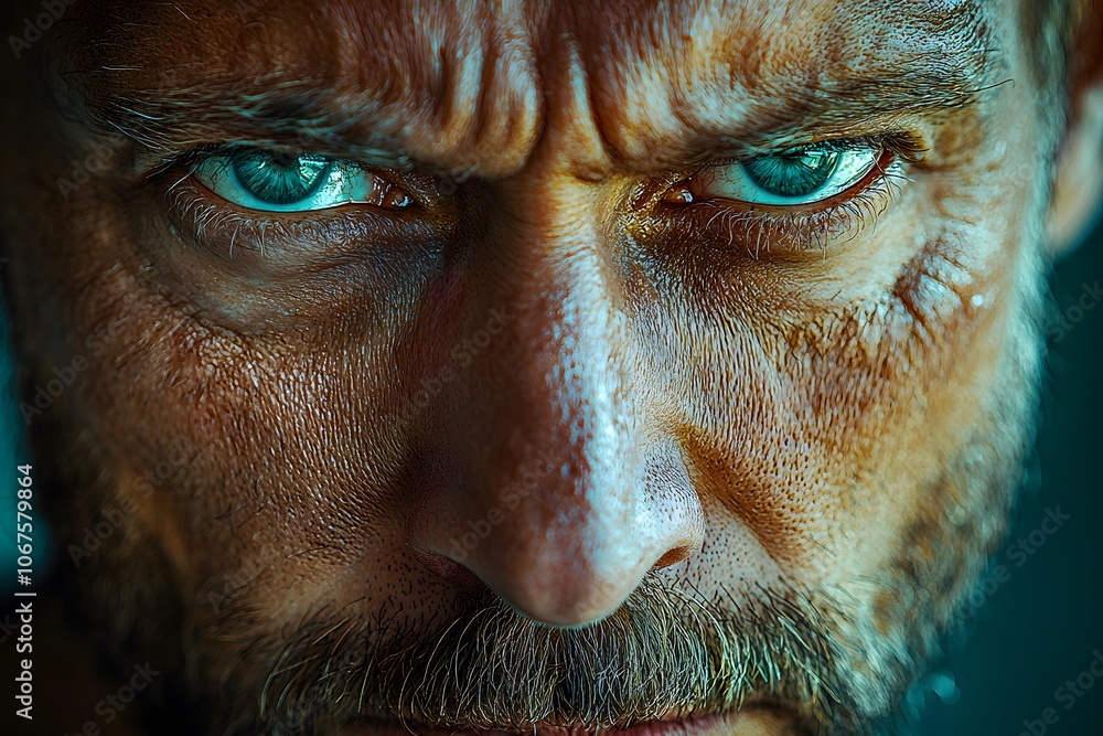 Intense close-up of a man with piercing blue eyes and rugged texture Intense close-up of a man with piercing blue eyes and rugged texture