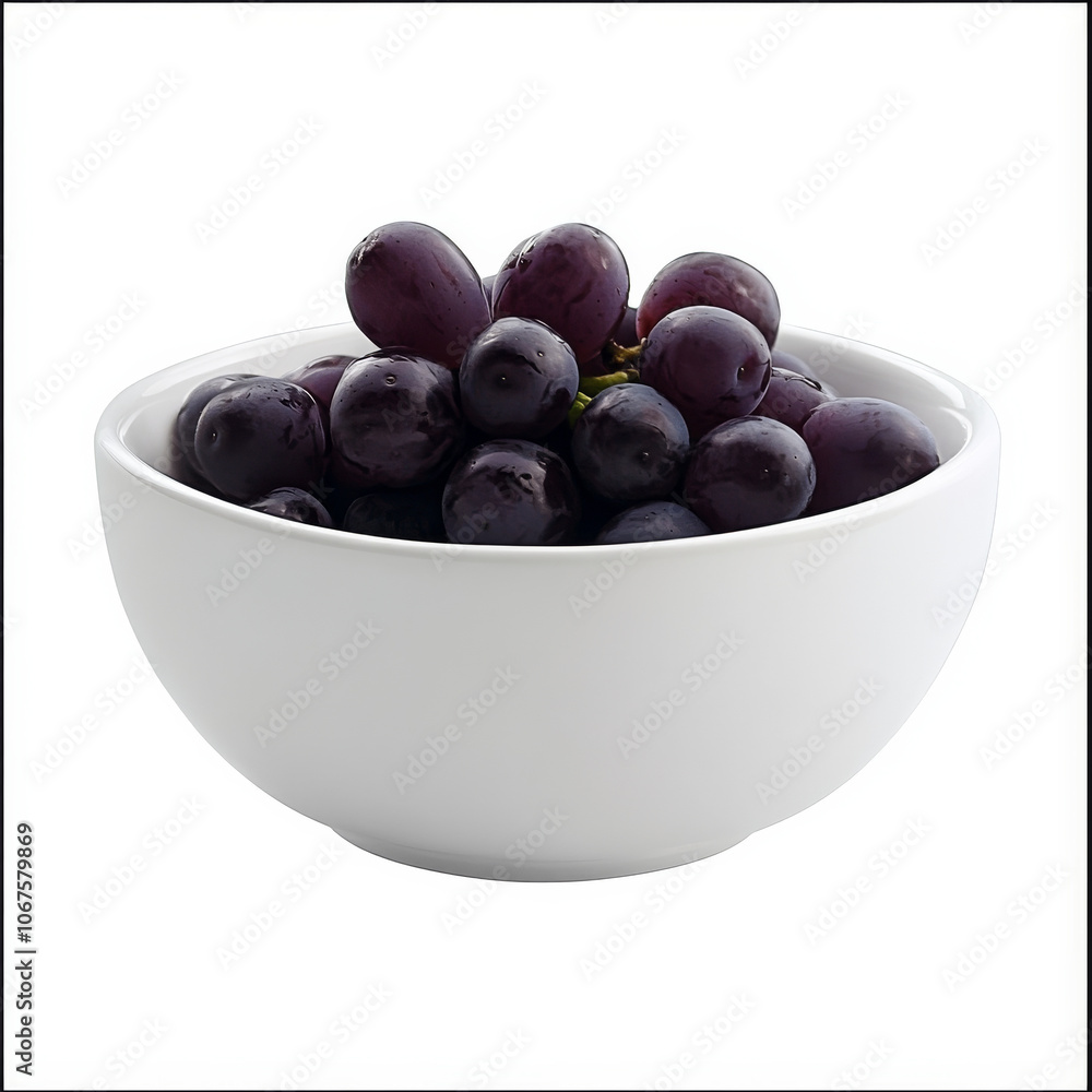 A bowl of purple grapes, isolated on a white background, showcasing a juicy fruit A bowl of purple grapes, isolated on a white background, showcasing a juicy fruit