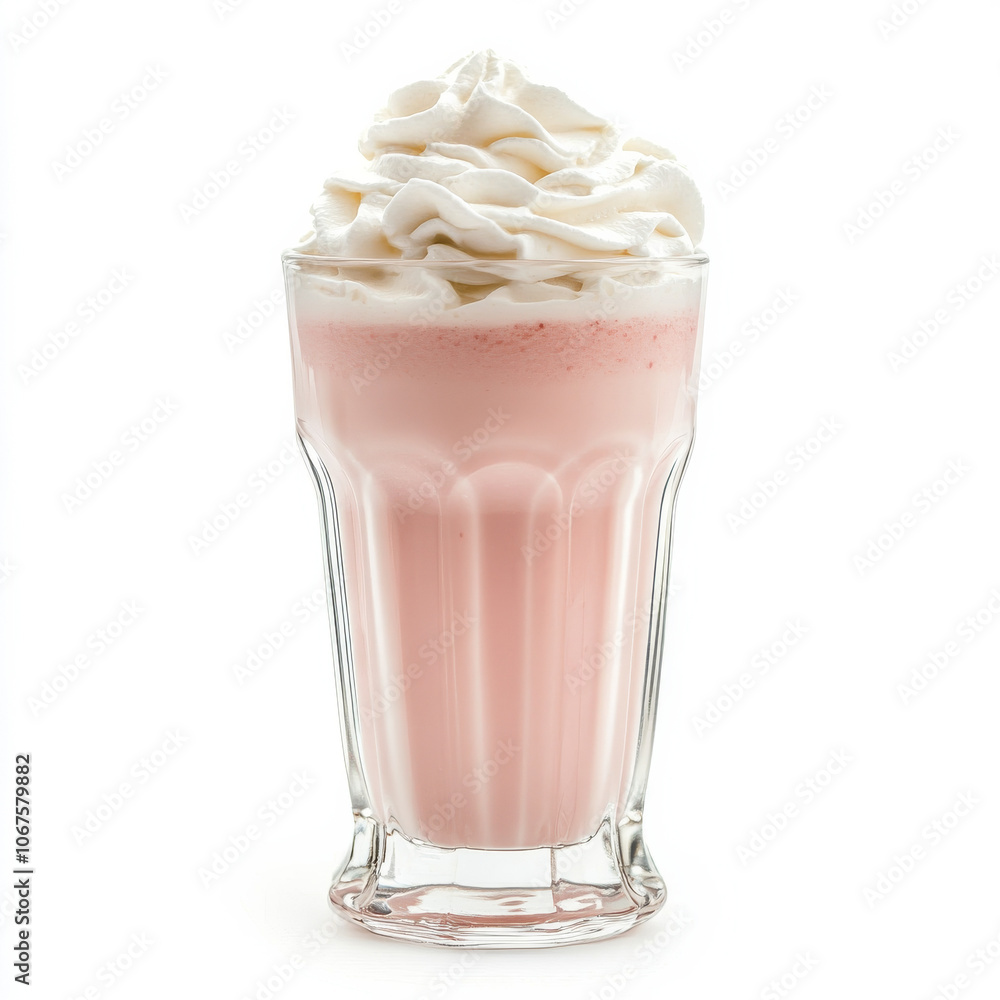 A glass of strawberry milkshake with whipped cream, isolated on a white background, emphasizing a sweet treat A glass of strawberry milkshake with whipped cream, isolated on a white background, emphasizing a sweet treat