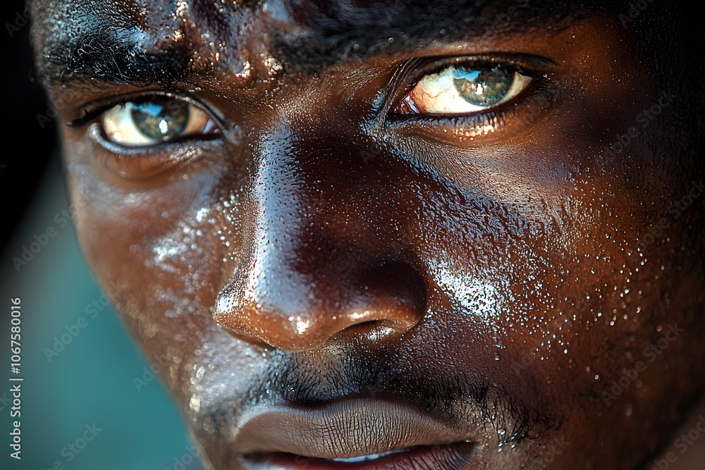 Intense focus: close-up of a determined athlete with glistening skin and piercing eyes Intense focus: close-up of a determined athlete with glistening skin and piercing eyes