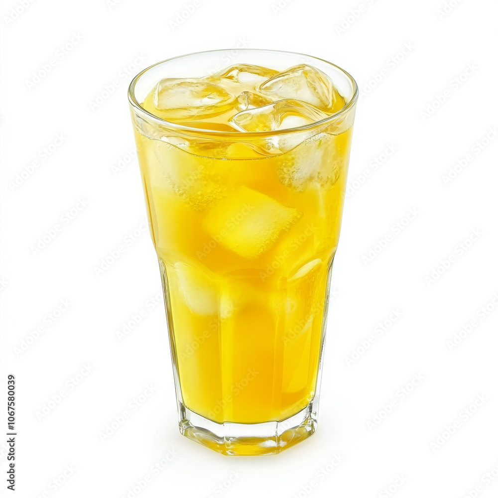 A glass of pineapple juice with ice, isolated on a white background, highlighting a refreshing tropical drink A glass of pineapple juice with ice, isolated on a white background, highlighting a refreshing tropical drink