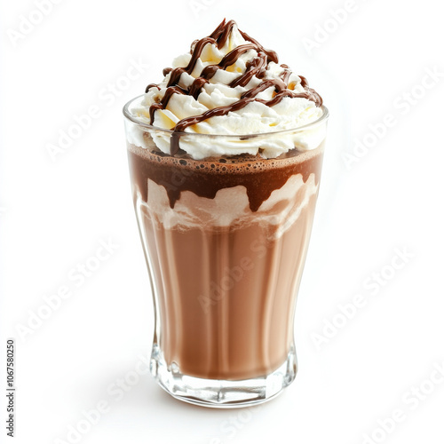 A glass of chocolate milkshake with whipped cream, isolated on a white background, highlighting a sweet drink