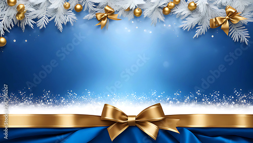 Image is a digital illustration featuring a festive and elegant design ,blue background  ,there  is a vertical strip of white glittery texture,   gold satin ribbon , decorative bow