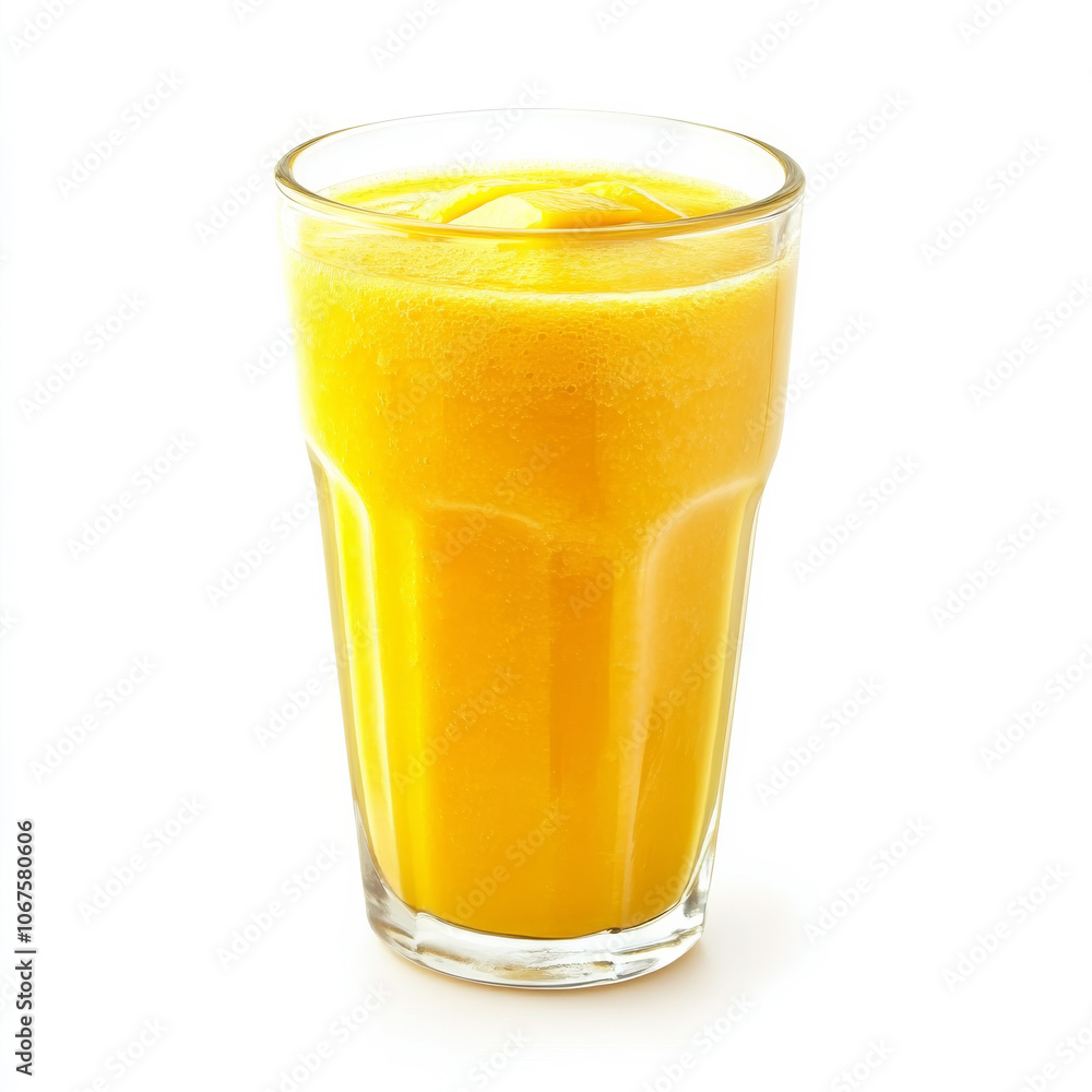 A glass of mango smoothie with visible texture, isolated on a white background, highlighting a tropical drink A glass of mango smoothie with visible texture, isolated on a white background, highlighting a tropical drink