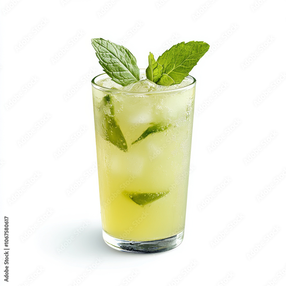 A glass of fresh limeade with mint, isolated on a white background, showcasing a refreshing summer drink A glass of fresh limeade with mint, isolated on a white background, showcasing a refreshing summer drink