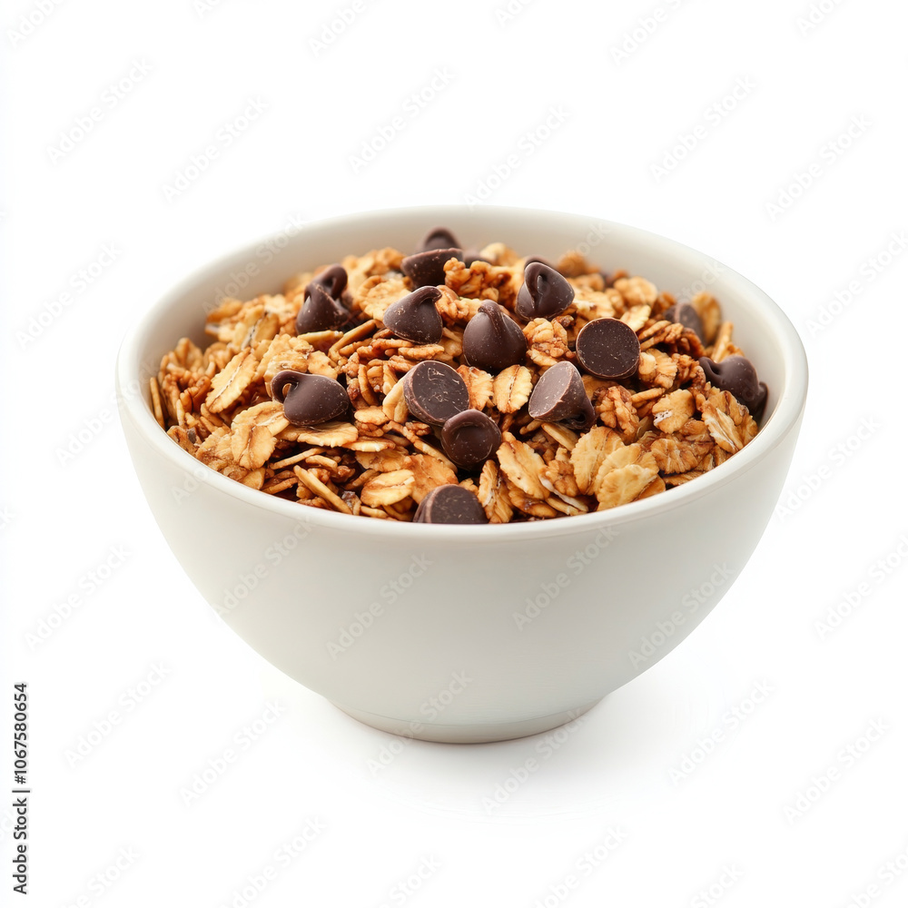 A bowl of crunchy granola with chocolate chips, isolated on a white background, emphasizing a sweet breakfast choice A bowl of crunchy granola with chocolate chips, isolated on a white background, emphasizing a sweet breakfast choice