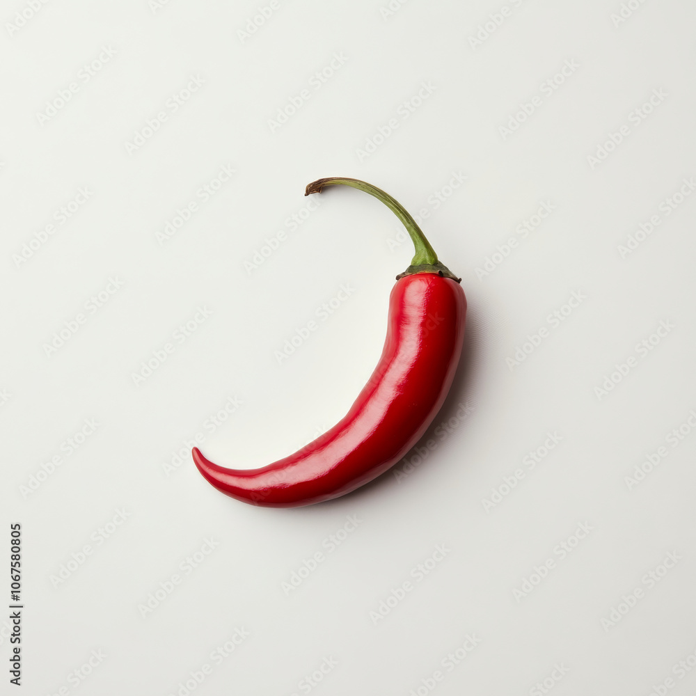 A single red chili pepper with stem, isolated on a white background, showcasing a spicy ingredient A single red chili pepper with stem, isolated on a white background, showcasing a spicy ingredient