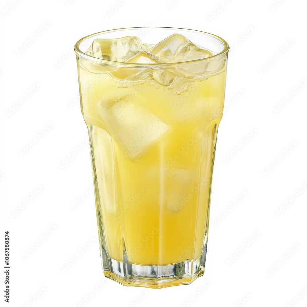 A glass of pineapple juice with ice, isolated on a white background, highlighting a refreshing tropical drink A glass of pineapple juice with ice, isolated on a white background, highlighting a refreshing tropical drink