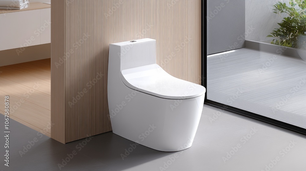 Contemporary bathroom design featuring a sleek white toilet bowl and ...