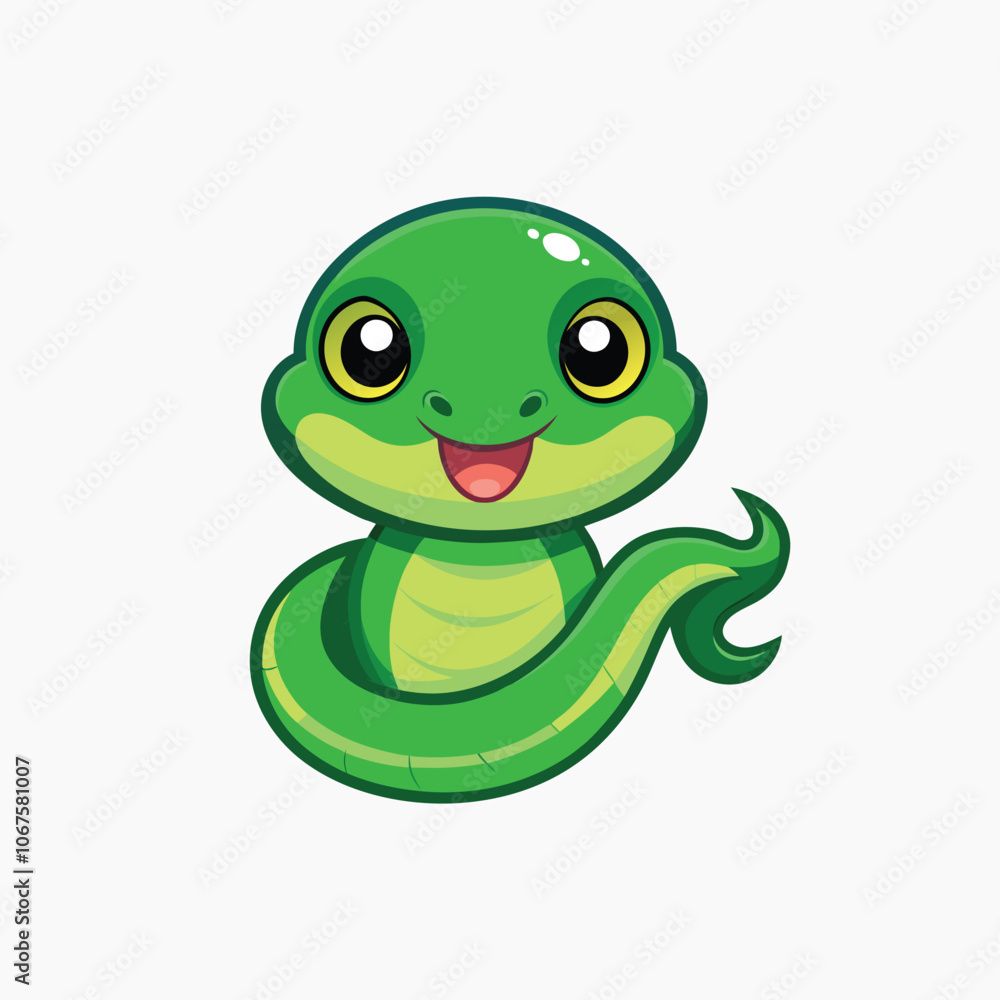 Fototapeta premium Cute green snake cartoon on white background. snake with pink spots on white background