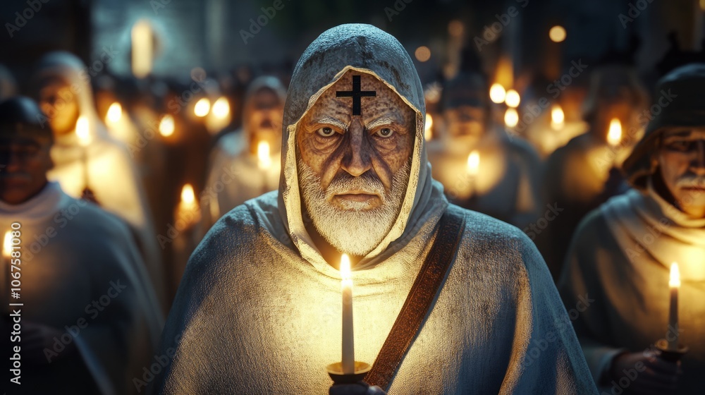 An older man with a long white beard, wearing a white robe and a black cross on his forehead, stares intently at the camera as he holds a lit candle during a nighttime procession. An older man with a long white beard, wearing a white robe and a black cross on his forehead, stares intently at the camera as he holds a lit candle during a nighttime procession.