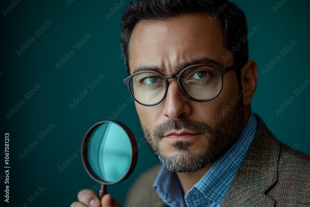 Serious businessman holding magnifying glass investigating something Serious businessman holding magnifying glass investigating something
