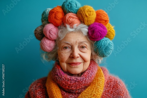 Elderly knitter wearing colorful yarn balls on head: portrait of creativity and passion photo