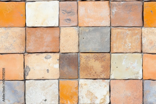 Wallpaper Mural Worn, colorful tiles in a vintage seamless pattern with textures, creating a retro, rustic aesthetic suitable for backgrounds or design elements. Torontodigital.ca