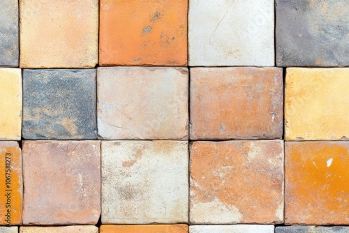 Wallpaper Mural Worn, colorful tiles in a vintage seamless pattern with textures, creating a retro, rustic aesthetic suitable for backgrounds or design elements. Torontodigital.ca