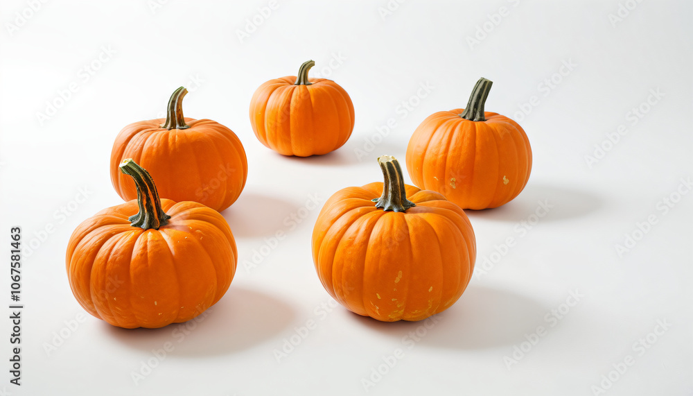 A group of orange pumpkins are separated and positioned on a clean and plain white surface for display purposes overall._00001_ A group of orange pumpkins are separated and positioned on a clean and plain white surface for display purposes overall._00001_