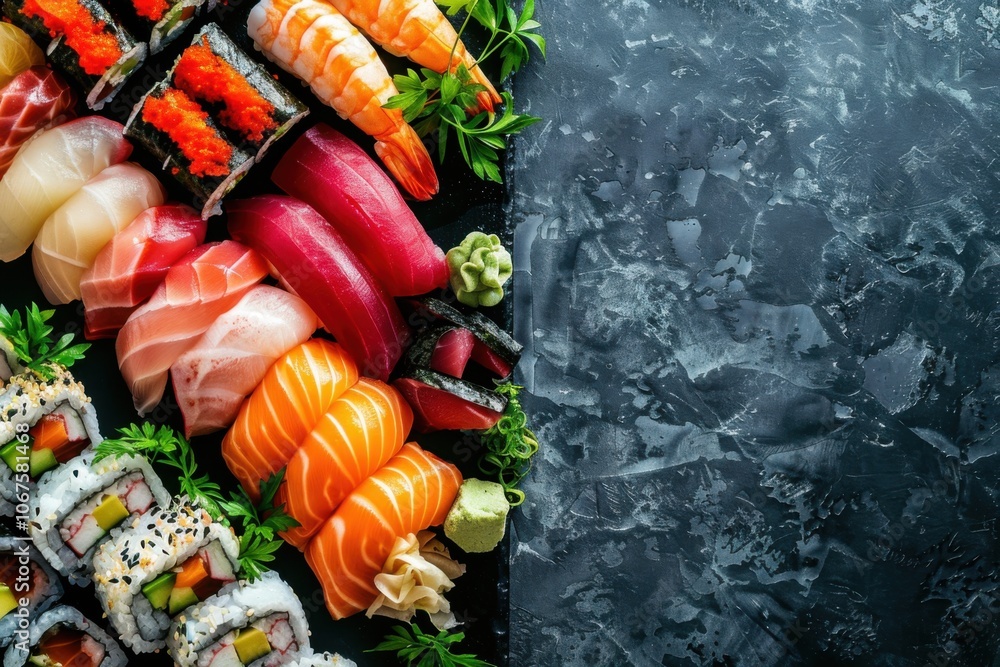 Assorted sushi platter with fresh nigiri, sashimi, and rolls for an authentic Japanese dining experience Assorted sushi platter with fresh nigiri, sashimi, and rolls for an authentic Japanese dining experience