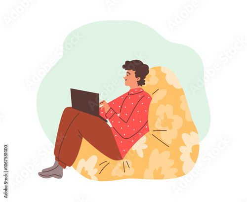 Vector illustration of a man sitting comfortably in a bag chair behind his laptop