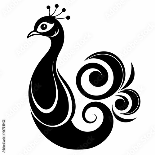 Peacock with swirls on it's tail silhouette vector illustration on white background