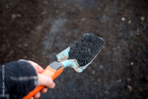 Close-up of biochar on a shovel, illustrating sustainable permaculture soil enhancement with Terra Preta photo