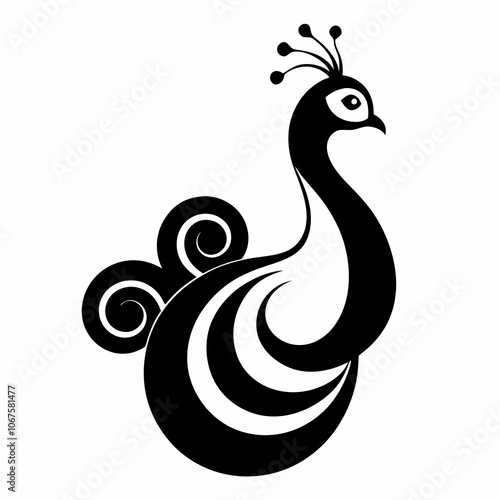 Peacock with swirls on it's tail silhouette vector illustration on white background