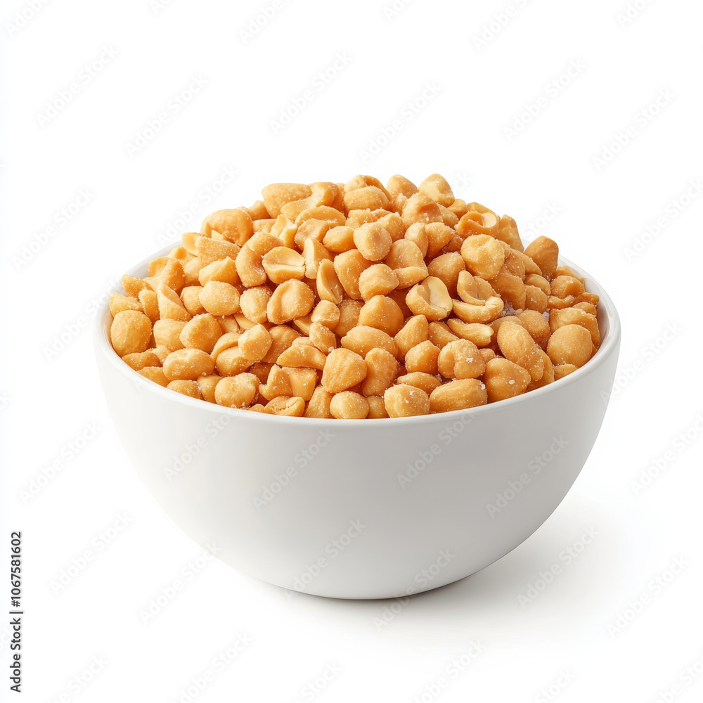 A bowl of roasted peanuts with visible salt, isolated on a white background, emphasizing a crunchy snack A bowl of roasted peanuts with visible salt, isolated on a white background, emphasizing a crunchy snack