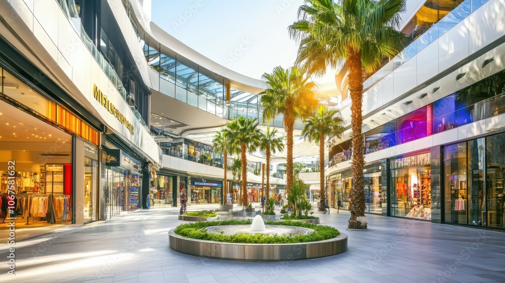 Outdoor shopping center with palm trees, shops, and a sunny ambiance, creating a warm, inviting retail environment for visitors. Outdoor shopping center with palm trees, shops, and a sunny ambiance, creating a warm, inviting retail environment for visitors.