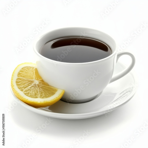 A cup of black tea with a lemon slice, isolated on a white background, highlighting a classic hot beverage