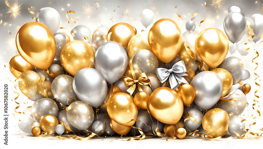 Image is a festive with a bright white background ,a variety of balloons and ribbons. The balloons are predominantly gold and silver, with some featuring a glittery texture Image is a festive with a bright white background ,a variety of balloons and ribbons. The balloons are predominantly gold and silver, with some featuring a glittery texture