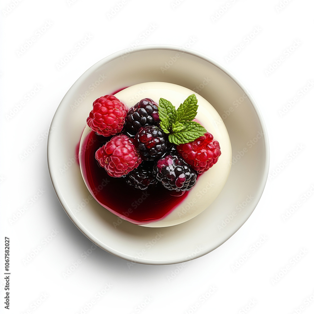 A bowl of creamy panna cotta with berry topping, isolated on a white background, showcasing a delicate dessert A bowl of creamy panna cotta with berry topping, isolated on a white background, showcasing a delicate dessert