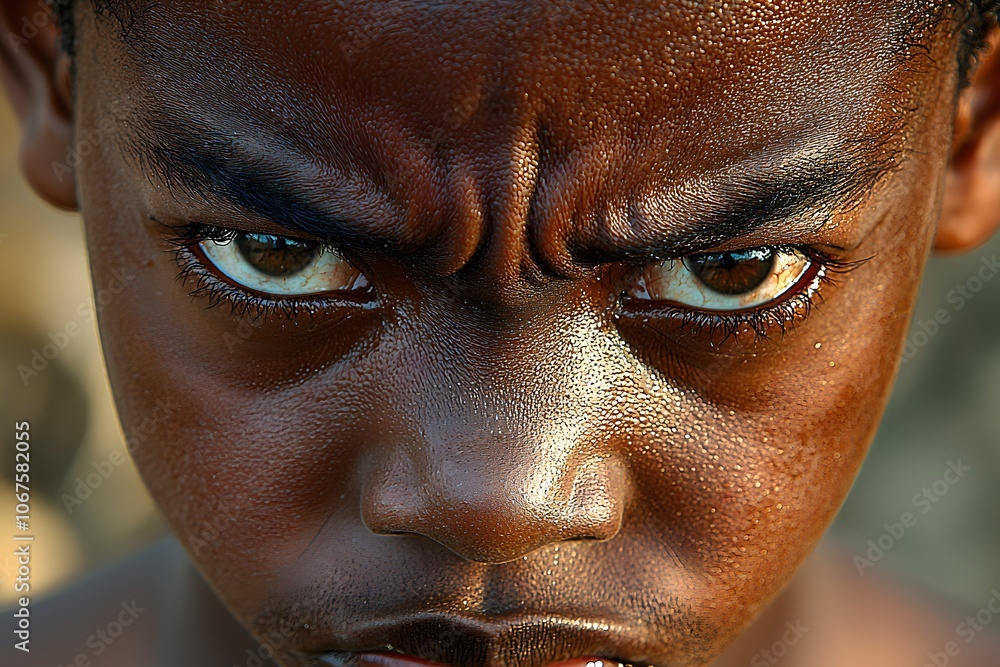 Intense gaze of a young child with furrowed brow and deep emotional expression