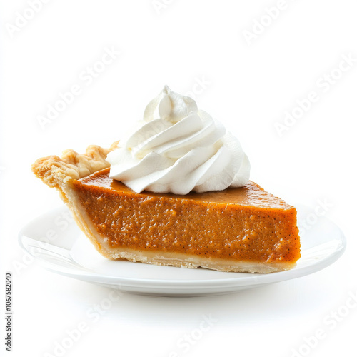 A slice of pumpkin pie with whipped cream on top, isolated on a white background, emphasizing a holiday dessert photo