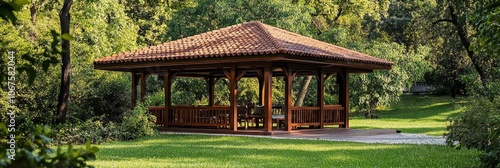 A serene wooden gazebo with a high roof, nestled amidst vibrant greenery, offers a peaceful retreat in nature.  The gazebo provides shade and shelter, creating a tranquil space for relaxation and enjo photo