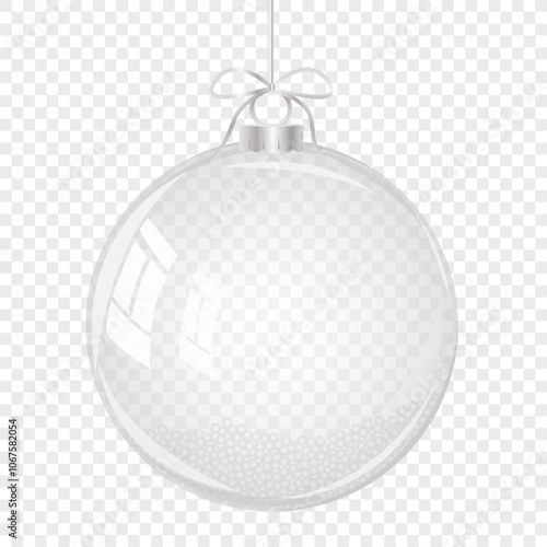 Glass Christmas ball with bow. Element of holiday decoration. Vector object for christmas design, mockup, postcard, invitation, poster, banner