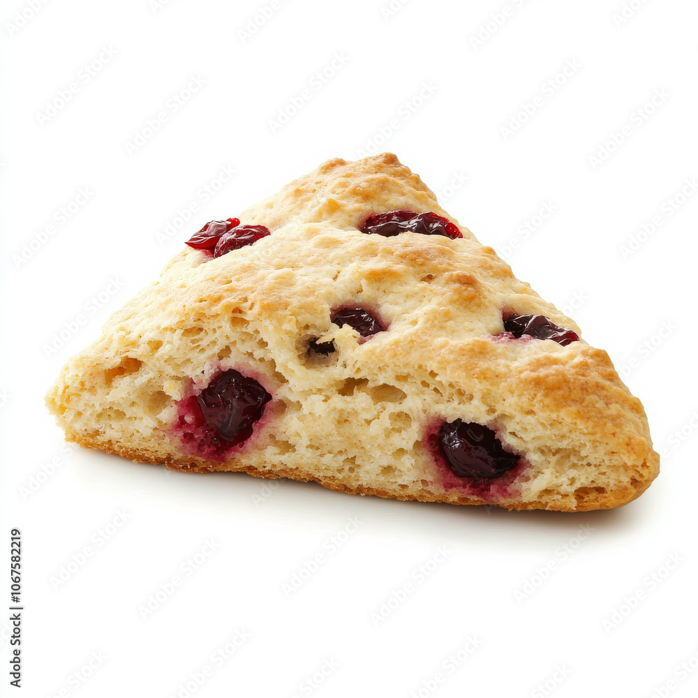 A freshly baked scone with visible cranberries, isolated on a white background, emphasizing a flavorful breakfast pastry A freshly baked scone with visible cranberries, isolated on a white background, emphasizing a flavorful breakfast pastry