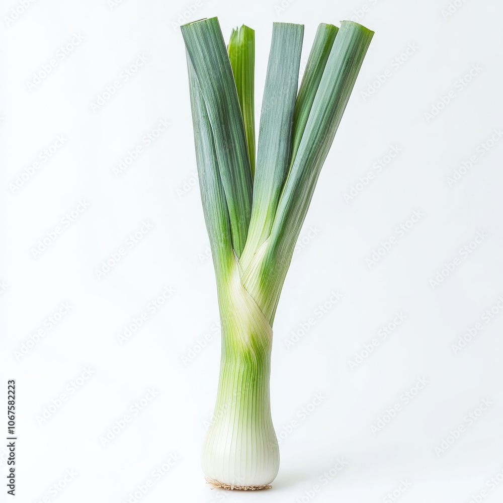 A single leek with visible green top, isolated on a white background, showcasing a savory vegetable