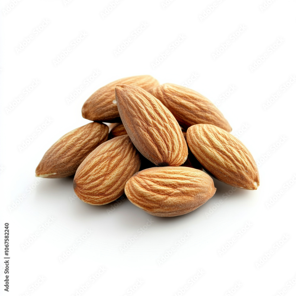 A handful of whole almonds, isolated on a white background, showcasing a nutritious snack A handful of whole almonds, isolated on a white background, showcasing a nutritious snack