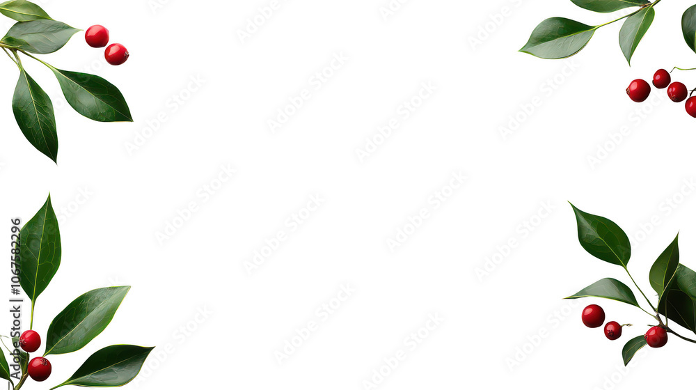 Fototapeta premium Elegant Holly Frame with Red Berries, Vibrant Green Leaves Creating a Border on a Plain White Background