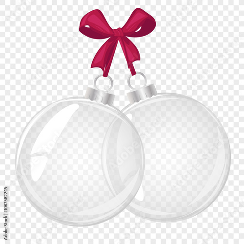 Glass Christmas balls with red bow. Element of holiday decoration. Vector object for christmas design, mockup, postcard, invitation, poster, banner