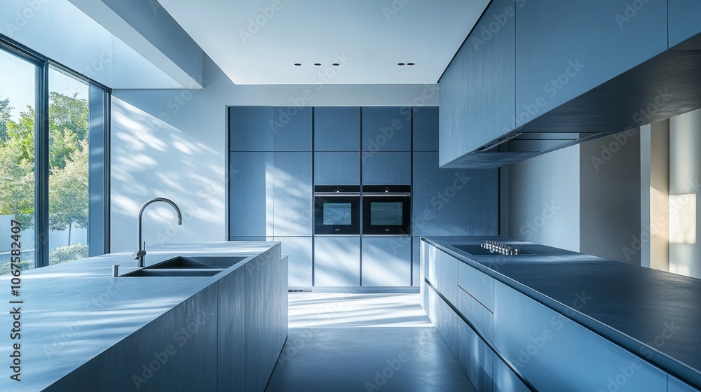 Fototapeta premium Modern Kitchen Interior with Blue Cabinetry and a Window View