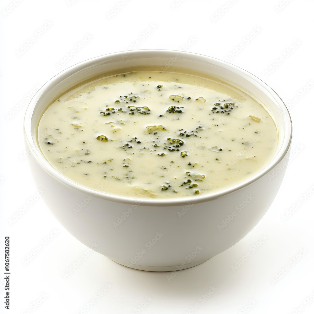 A bowl of creamy broccoli soup, isolated on a white background, emphasizing a comforting and nutritious meal A bowl of creamy broccoli soup, isolated on a white background, emphasizing a comforting and nutritious meal