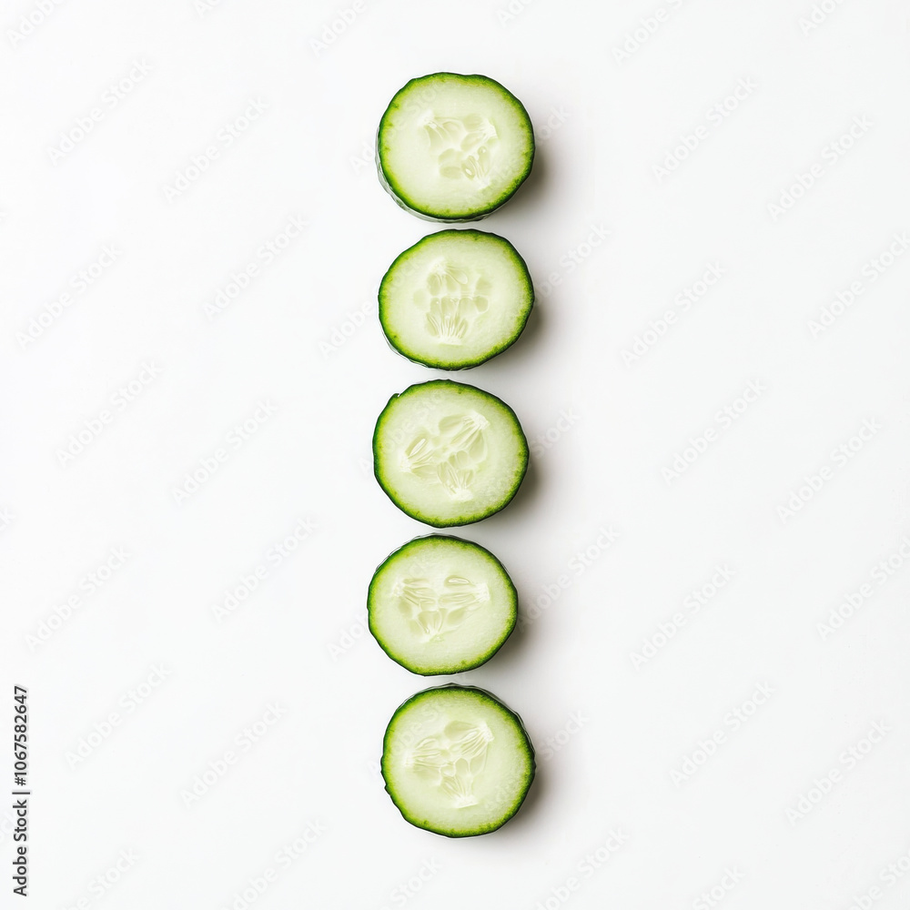 A single cucumber sliced into coins, isolated on a white background, highlighting a fresh vegetable A single cucumber sliced into coins, isolated on a white background, highlighting a fresh vegetable