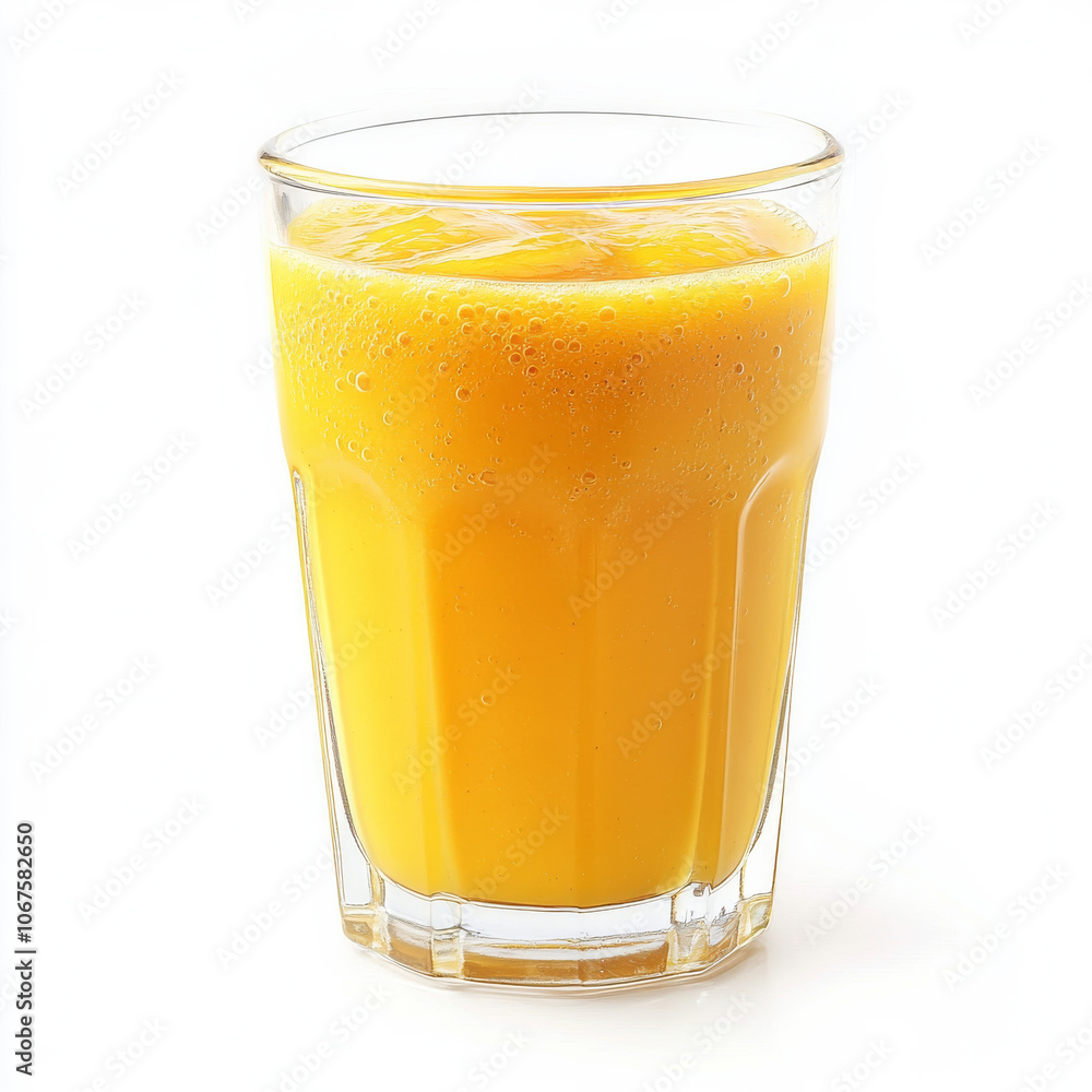 A glass of mango smoothie with visible texture, isolated on a white background, highlighting a tropical drink A glass of mango smoothie with visible texture, isolated on a white background, highlighting a tropical drink