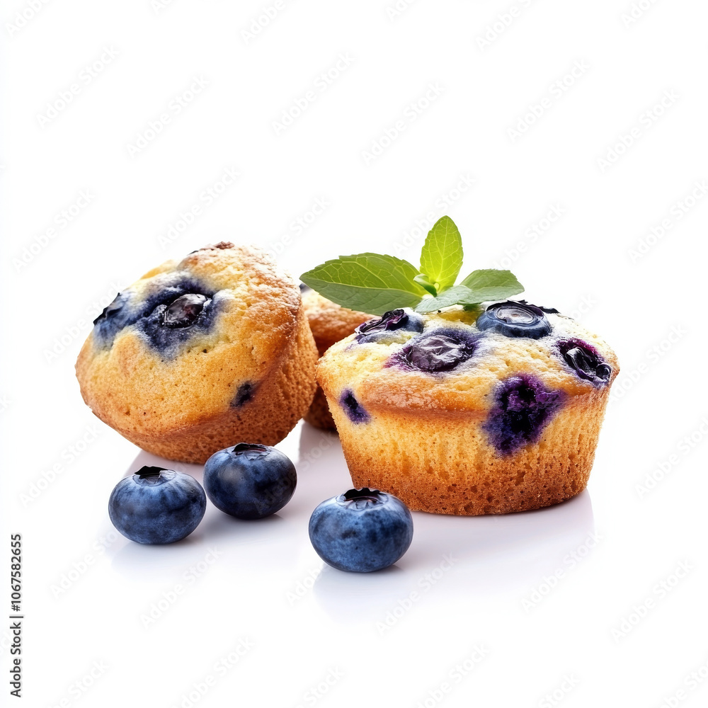 A freshly baked muffin with blueberries, isolated on a white background, showcasing a sweet breakfast treat A freshly baked muffin with blueberries, isolated on a white background, showcasing a sweet breakfast treat