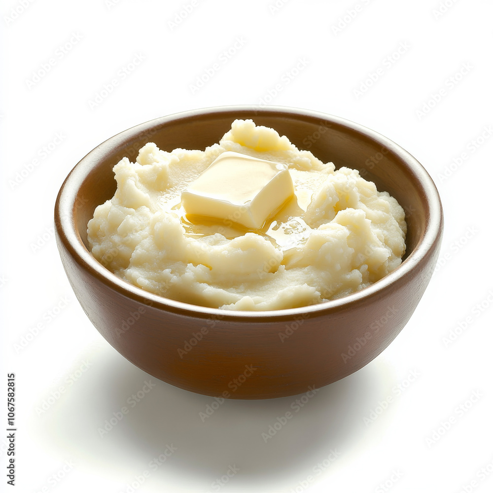 A bowl of mashed potatoes with a pat of butter, isolated on a white background, emphasizing a classic side dish A bowl of mashed potatoes with a pat of butter, isolated on a white background, emphasizing a classic side dish