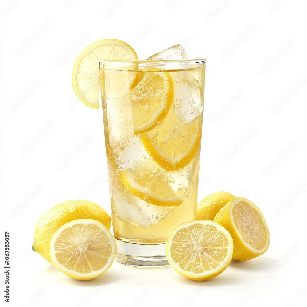 A glass of iced lemonade with lemon slices, isolated on a white background, highlighting a refreshing drink A glass of iced lemonade with lemon slices, isolated on a white background, highlighting a refreshing drink