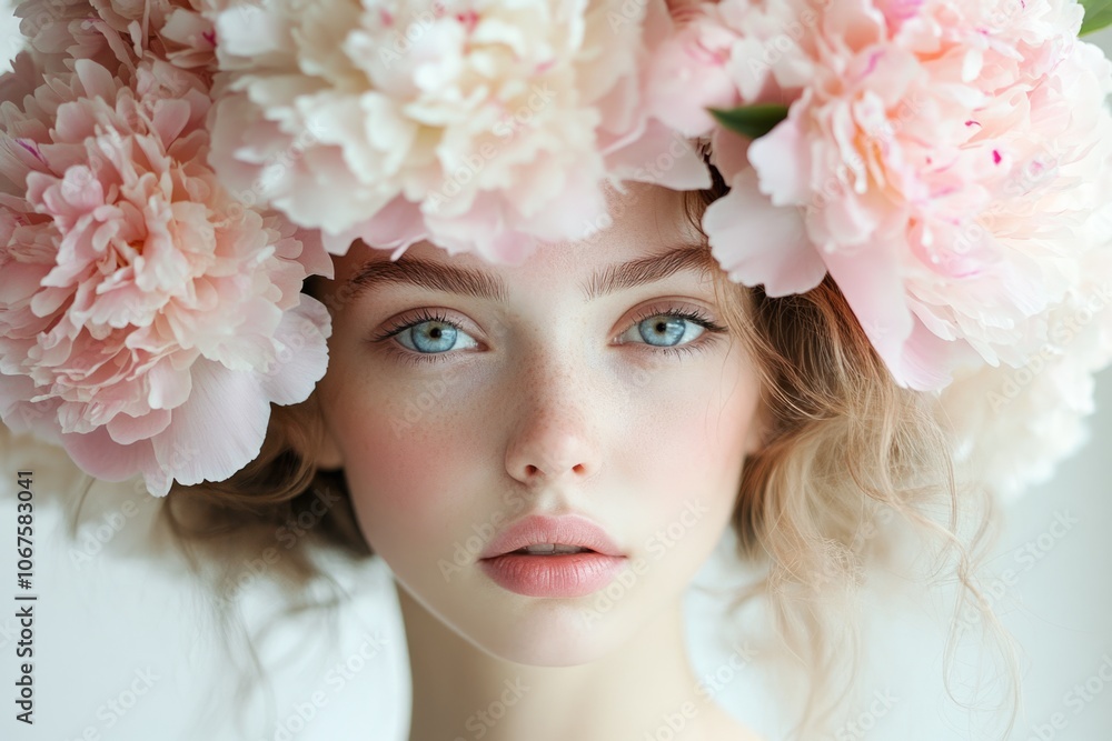 Beauty portrait of romantic girl with peony flowers Beauty portrait of romantic girl with peony flowers